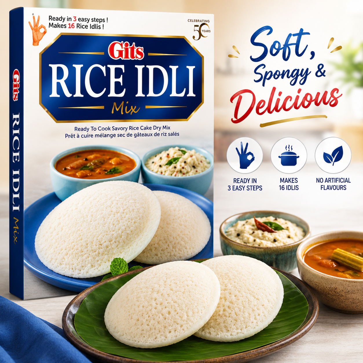 Premium lifestyle image of Gits Rice Idli Mix served as soft, fluffy South Indian rice idlis with traditional coconut chutney and sambar, perfect for a wholesome breakfast or light meal.