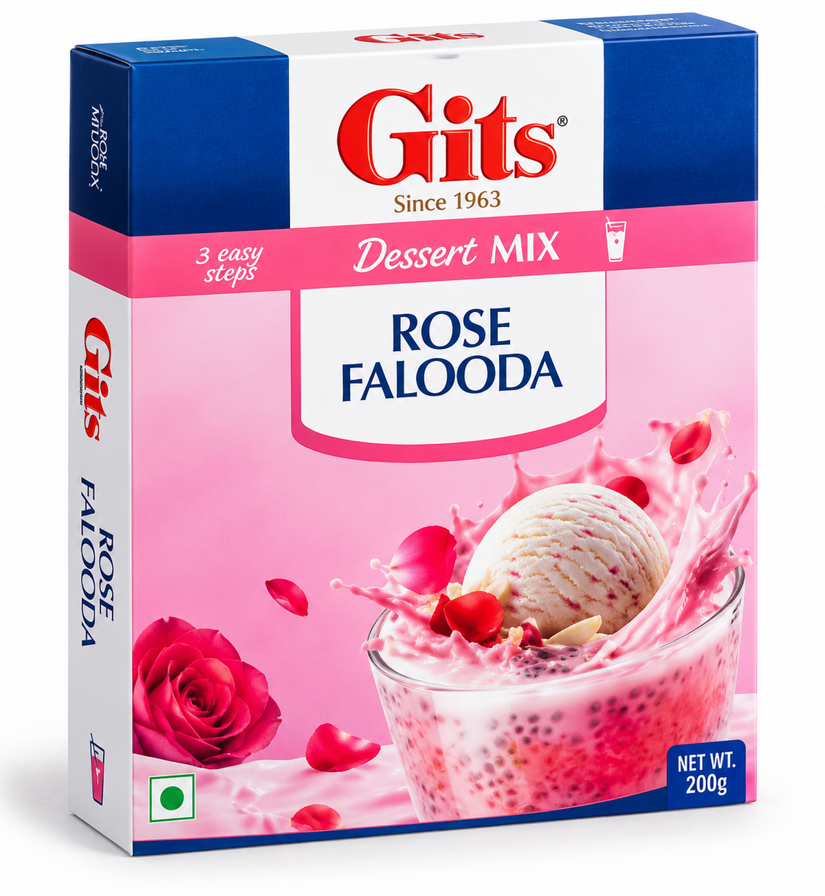Gits Rose Falooda Dessert Mix 200g featuring a rectangular box with white, dark blue, and pink packaging, the iconic red Gits logo, and prominent Rose Falooda Dessert Mix branding. The front of the pack showcases a delicious pink rose falooda dessert in a glass, topped with a scoop of creamy vanilla ice cream, rose petals, and colourful falooda seeds, alongside a vibrant red rose and delicate pink floral details. The packaging includes a convenient three-step preparation message and a vegetarian symbol.