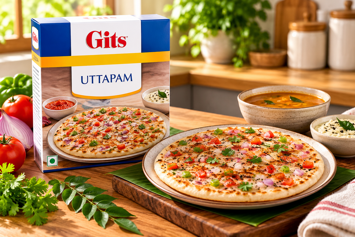 Gits Uttapam 500g single pack served with freshly prepared vegetable uttapam topped with onions, tomatoes and coriander, accompanied by chutney and sambar.