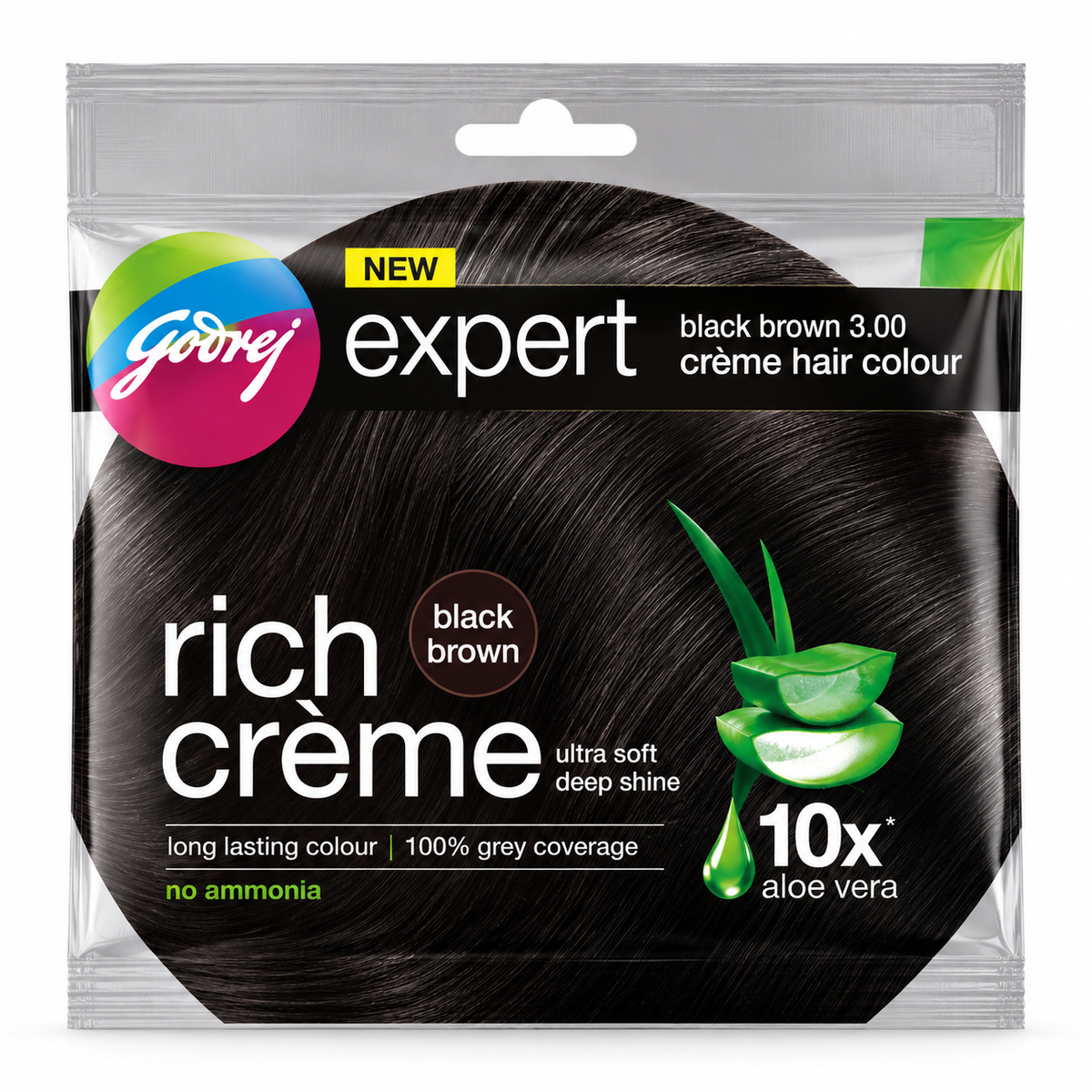 Godrej Expert Black Brown Crème Hair Colour 20g sachet with aloe vera packaging