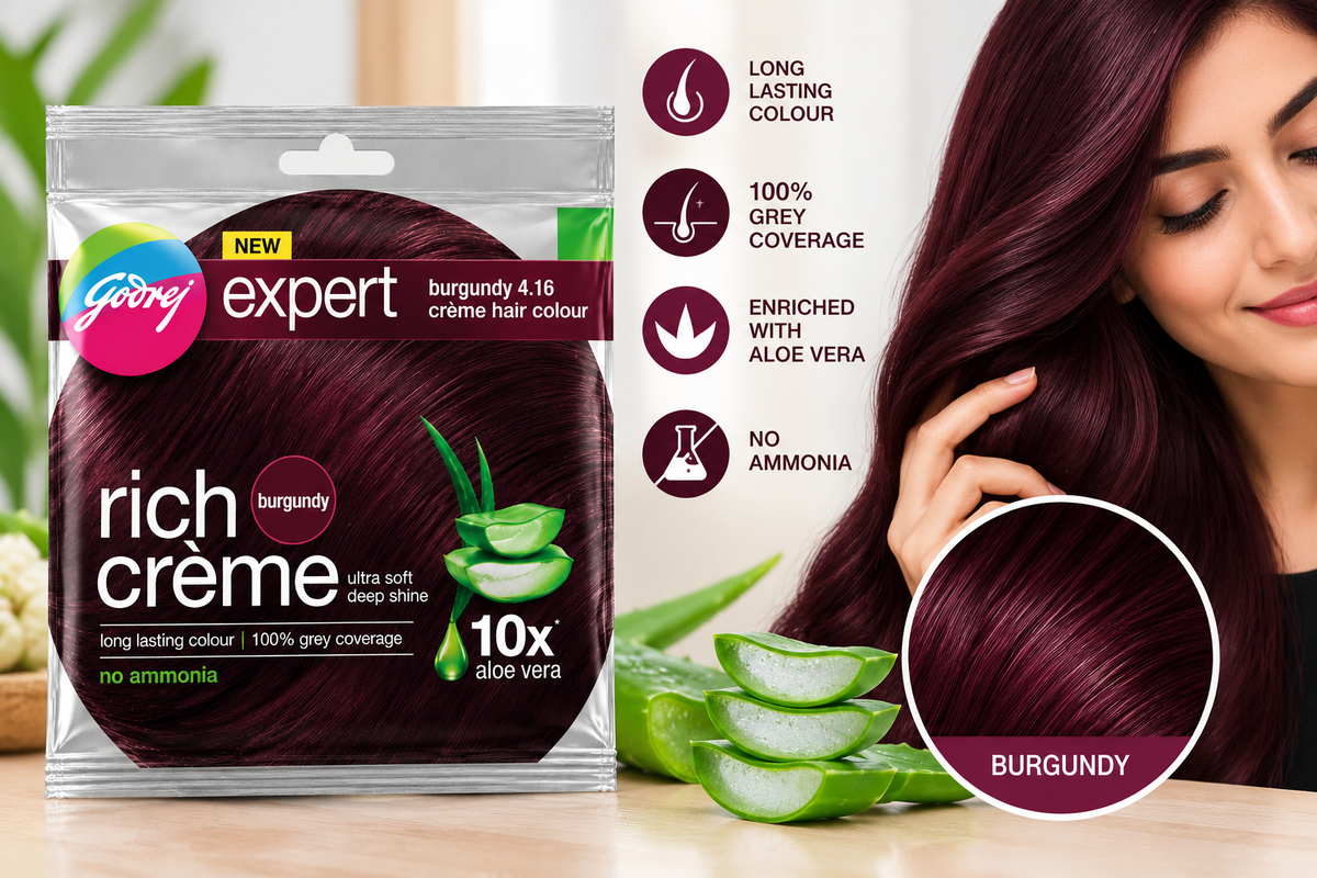 Godrej Expert Burgundy Crème Hair Colour with aloe vera and glossy burgundy hair lifestyle display.