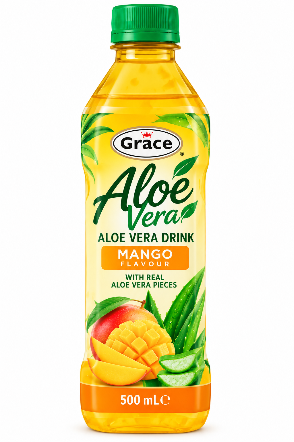 Grace Aloe Vera Mango Drink 500ml bottle featuring a green cap, yellow mango-flavoured drink, fresh mango slices, aloe vera leaves, and real aloe vera pieces.