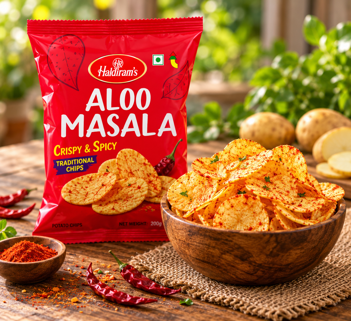 Haldiram Aloo Masala Chips 200g packet displayed beside a wooden bowl of spicy potato chips with red chillies and potatoes on a rustic table.