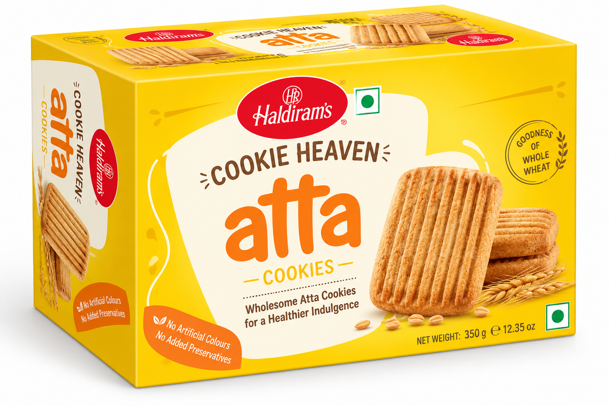 Haldiram’s Cookie Heaven Atta Cookies 350g featuring crispy golden whole wheat biscuits in bright yellow packaging.