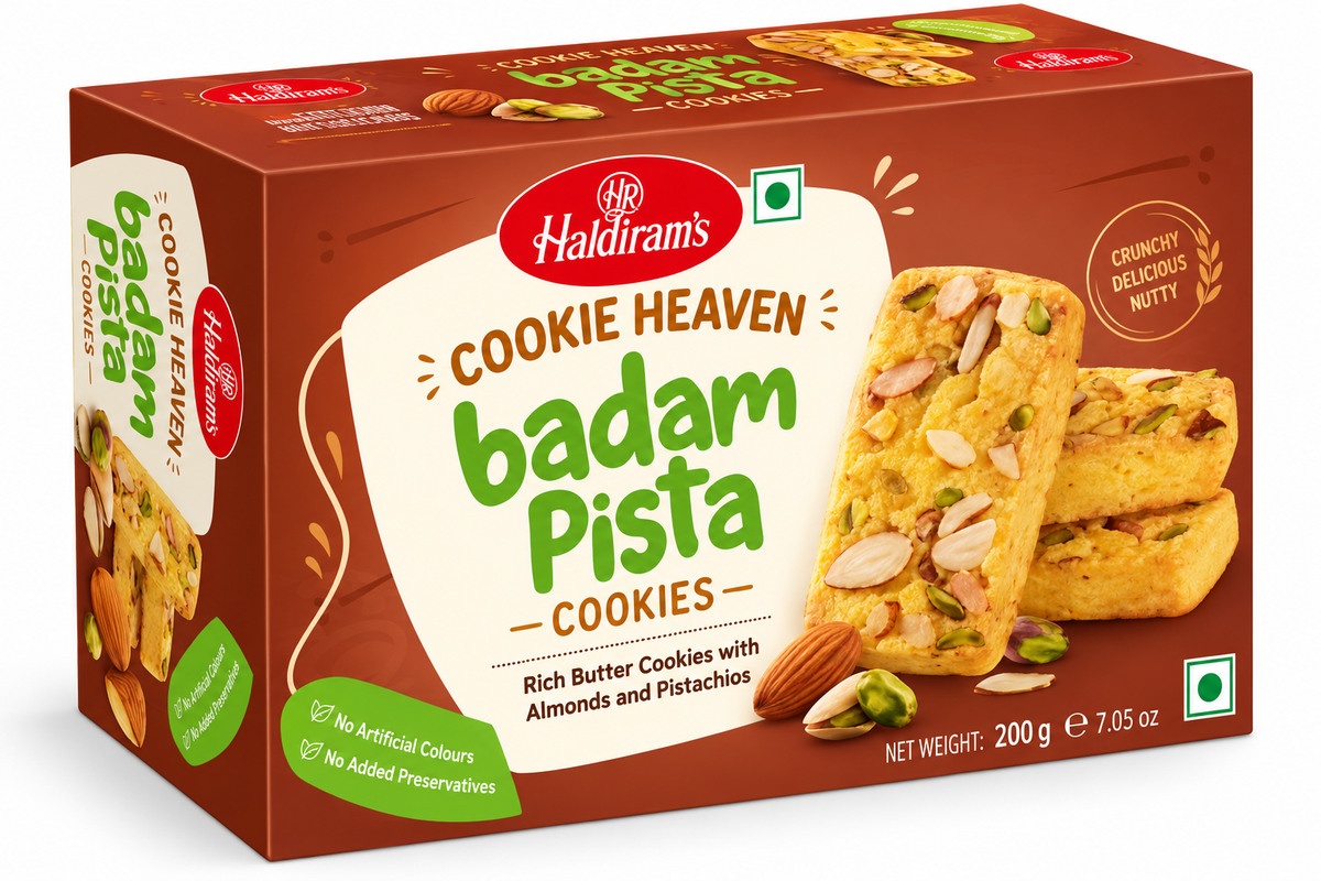 Haldiram’s Cookie Heaven Badam Pista Cookies 200g featuring crispy golden butter cookies with almonds and pistachios in brown packaging.