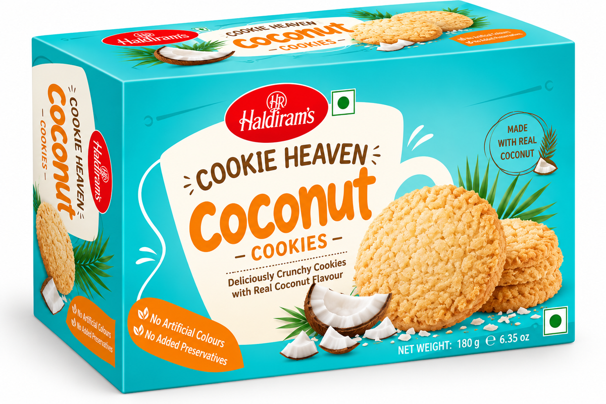 Haldiram’s Cookie Heaven Coconut Cookies 180g featuring crispy golden coconut biscuits in turquoise packaging.