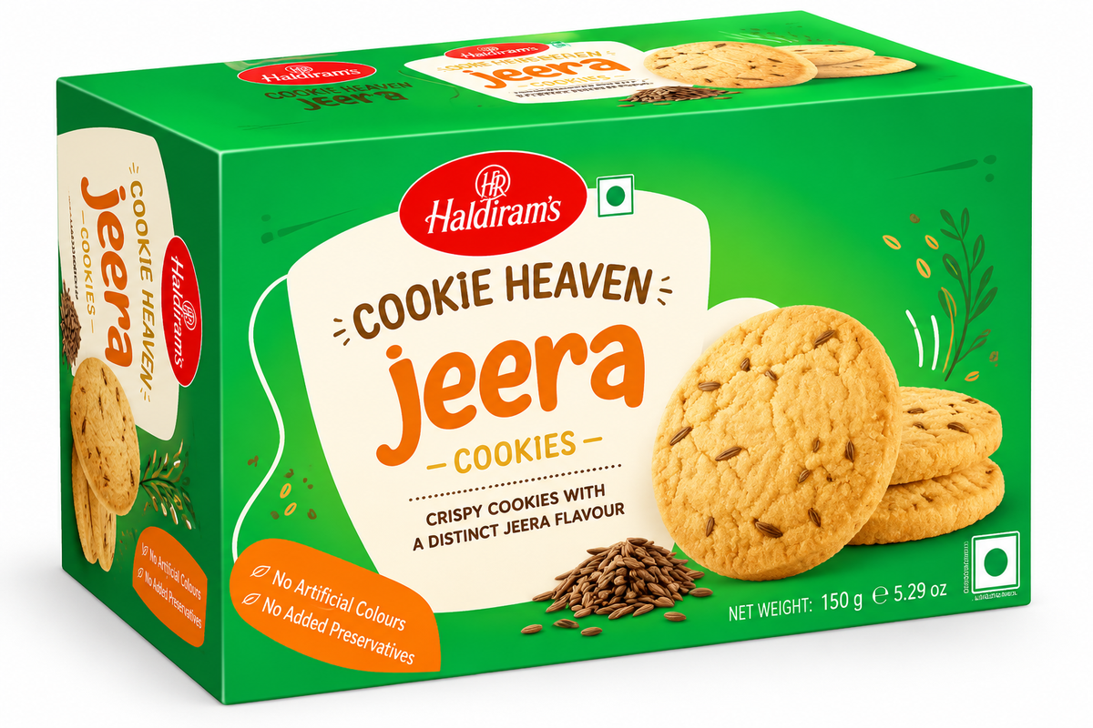 Haldiram’s Cookie Heaven Jeera Cookies 150g featuring crispy golden cumin-flavoured cookies in green packaging.