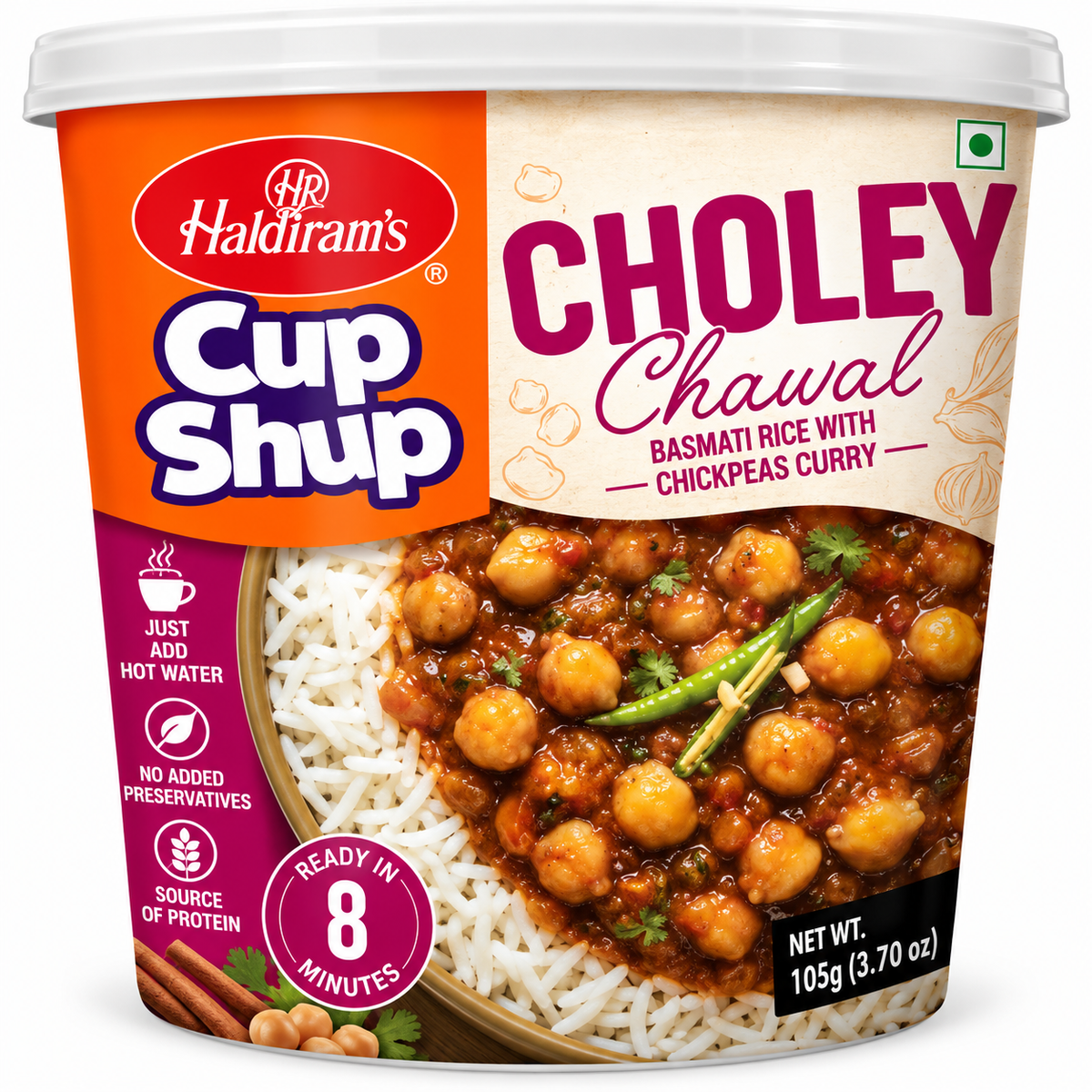 Haldiram’s Cup Shup Choley Chawal 105g instant meal featuring basmati rice with spicy chickpea curry, ready in 8 minutes by adding hot water.