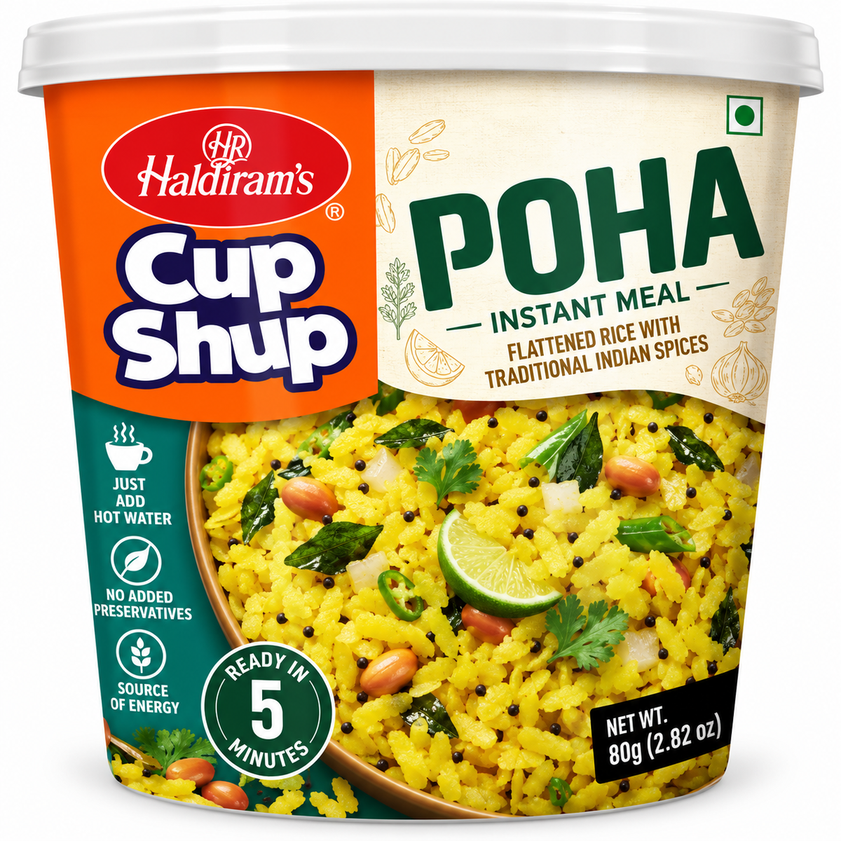 Haldiram’s Cup Shup Poha 80g instant meal featuring yellow flattened rice with peanuts, curry leaves and traditional Indian spices, ready in 5 minutes.