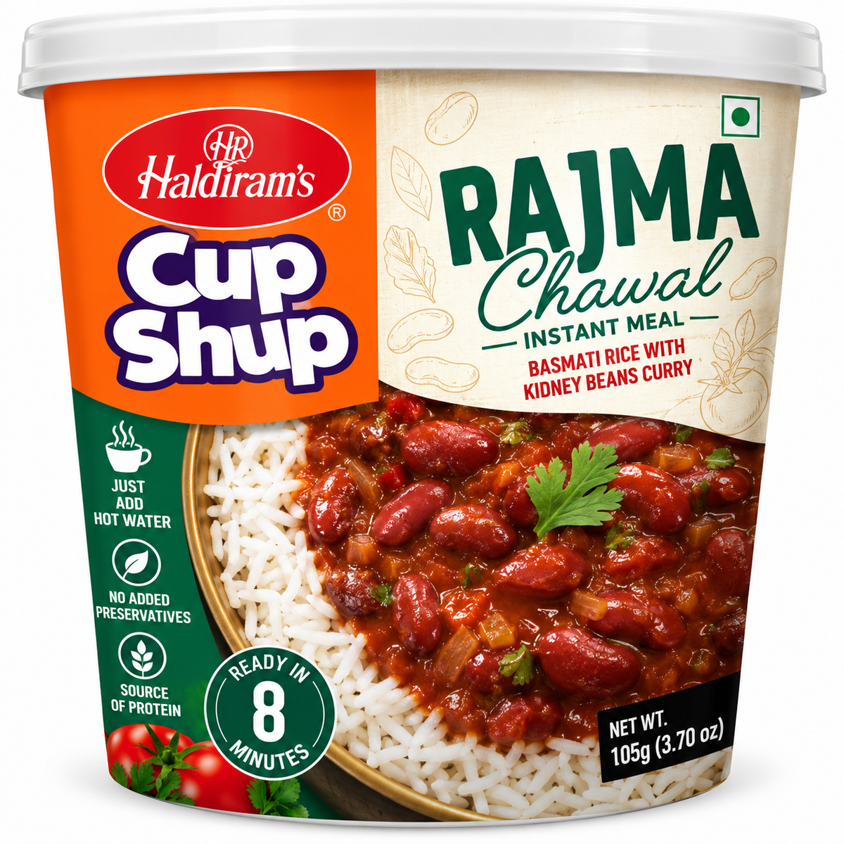 Haldiram’s Cup Shup Rajma Chawal 105g instant meal featuring basmati rice with spicy red kidney bean curry, ready in 8 minutes by adding hot water.