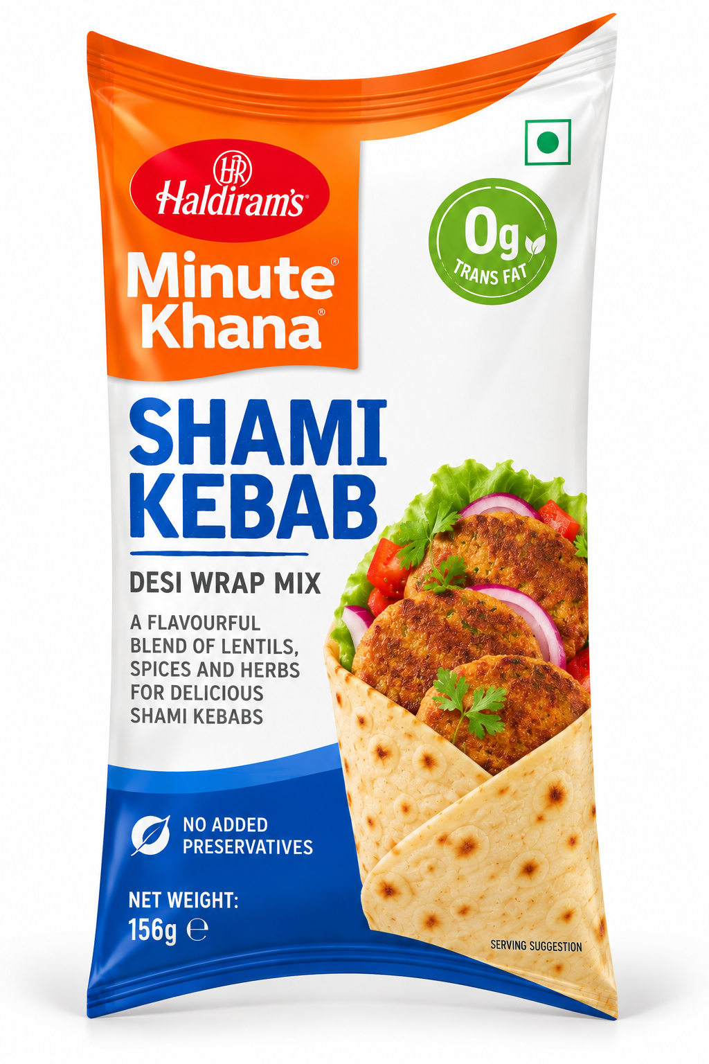 Haldiram’s Minute Khana Shami Kebab Desi Wrap Mix 156g pouch featuring orange, white and blue packaging, a tortilla wrap filled with golden-brown shami kebabs, red onion, tomatoes, fresh lettuce, and coriander.