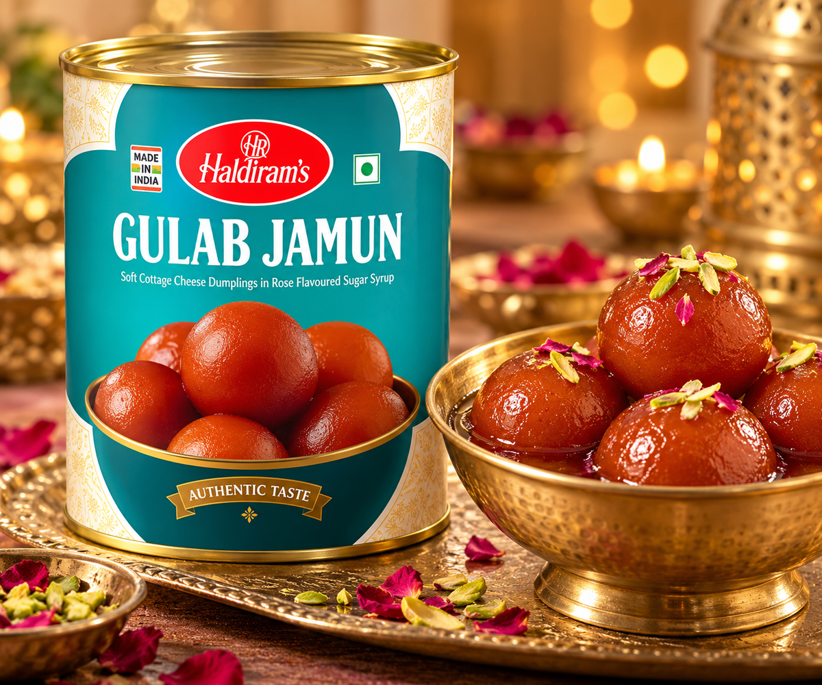 Haldiram Gulab Jamun 1kg tin displayed beside a brass bowl of syrup-soaked gulab jamun garnished with pistachios and rose petals in a traditional Indian dessert setting.