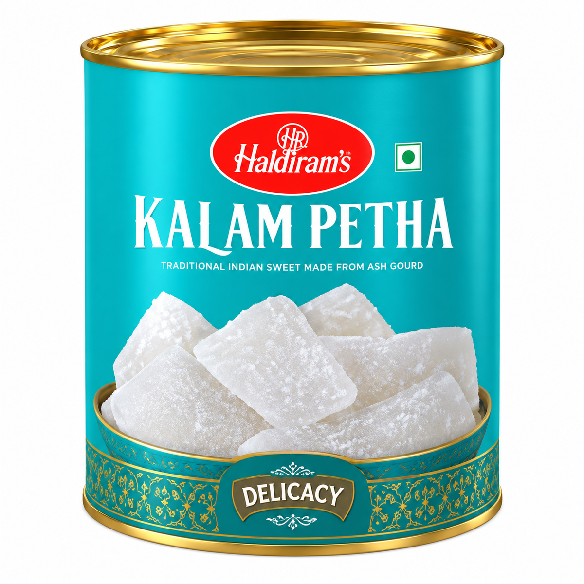 Haldiram Kalam Petha 1kg tin with teal and gold packaging, featuring white sugar-coated petha pieces, displayed upright on a clean white background.