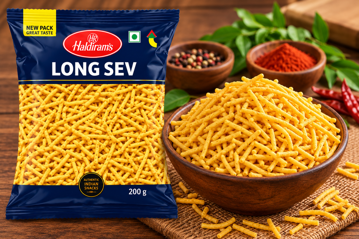 Haldiram Long Sev 200g packet displayed beside a bowl of golden crispy sev on a rustic wooden table with spices.