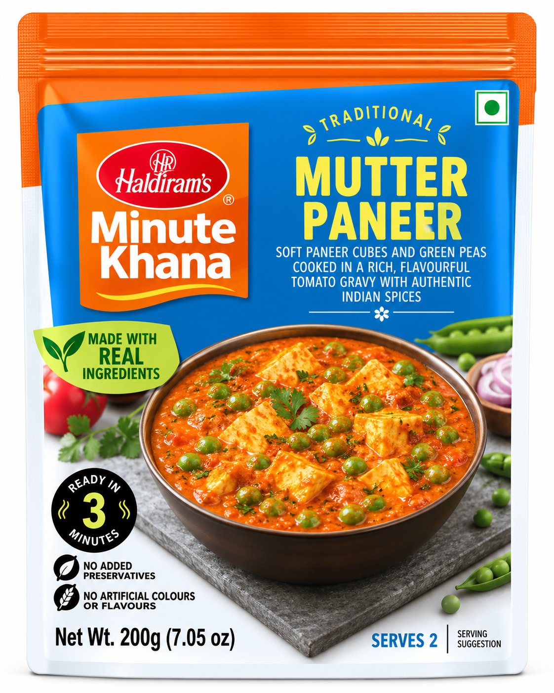 Haldiram’s Minute Khana Mutter Paneer 200g ready-to-eat Indian curry with soft paneer cubes and green peas in rich tomato gravy, in blue and orange packaging.