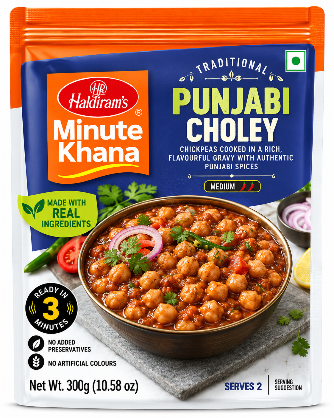 Haldiram’s Minute Khana Punjabi Choley 300g ready-to-eat Indian chickpea curry cooked in rich Punjabi spices, in blue and orange packaging.