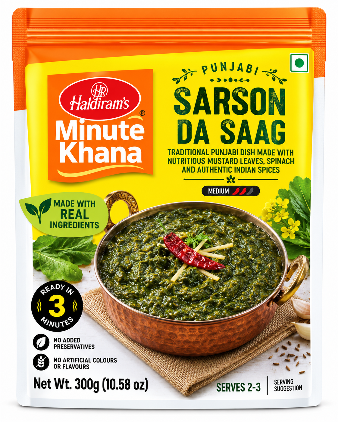 Haldiram’s Minute Khana Punjabi Sarson Da Saag 300g traditional Indian mustard leaf curry with spinach and aromatic spices in yellow and orange packaging.