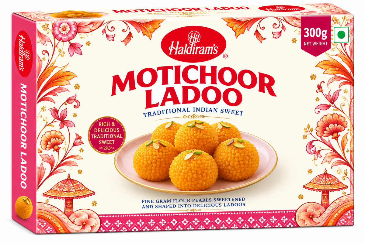 Haldiram’s Motichoor Ladoo 300g traditional Indian sweet made from fine gram flour pearls, featuring orange ladoos in decorative pink and cream packaging.