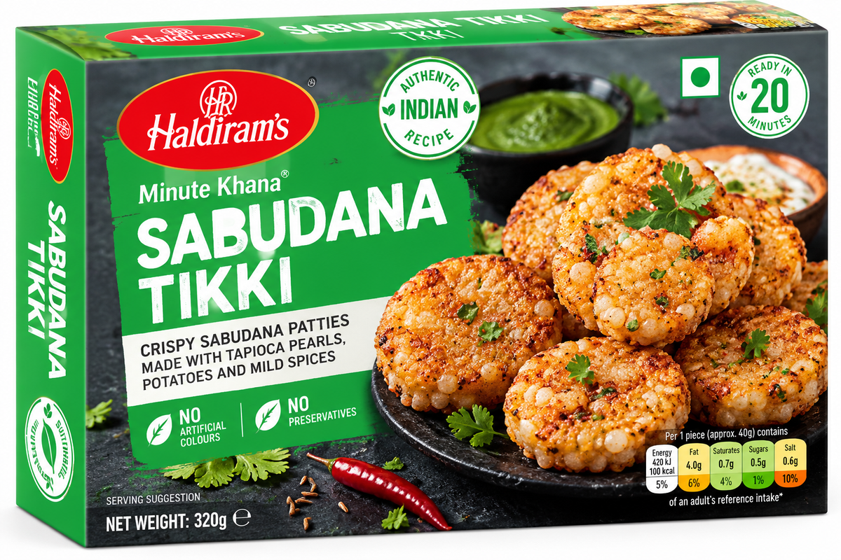 Haldiram’s Minute Khana Sabudana Tikki 320g box featuring green, orange and black packaging, golden crispy sabudana tikkis made with tapioca pearls and potatoes, fresh coriander, and Haldiram’s branding.