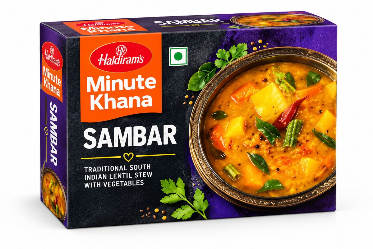 Haldiram’s Minute Khana Sambar 283g box featuring purple, orange and black packaging, traditional South Indian lentil stew with vegetables, curry leaves, red chilli, coriander, and aromatic spices.