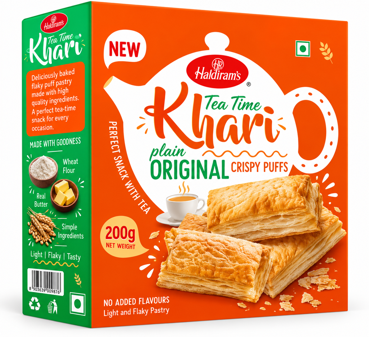Haldiram’s Tea Time Plain Khari Original Crispy Puffs 200g featuring light, flaky golden puff pastries in orange and green packaging.