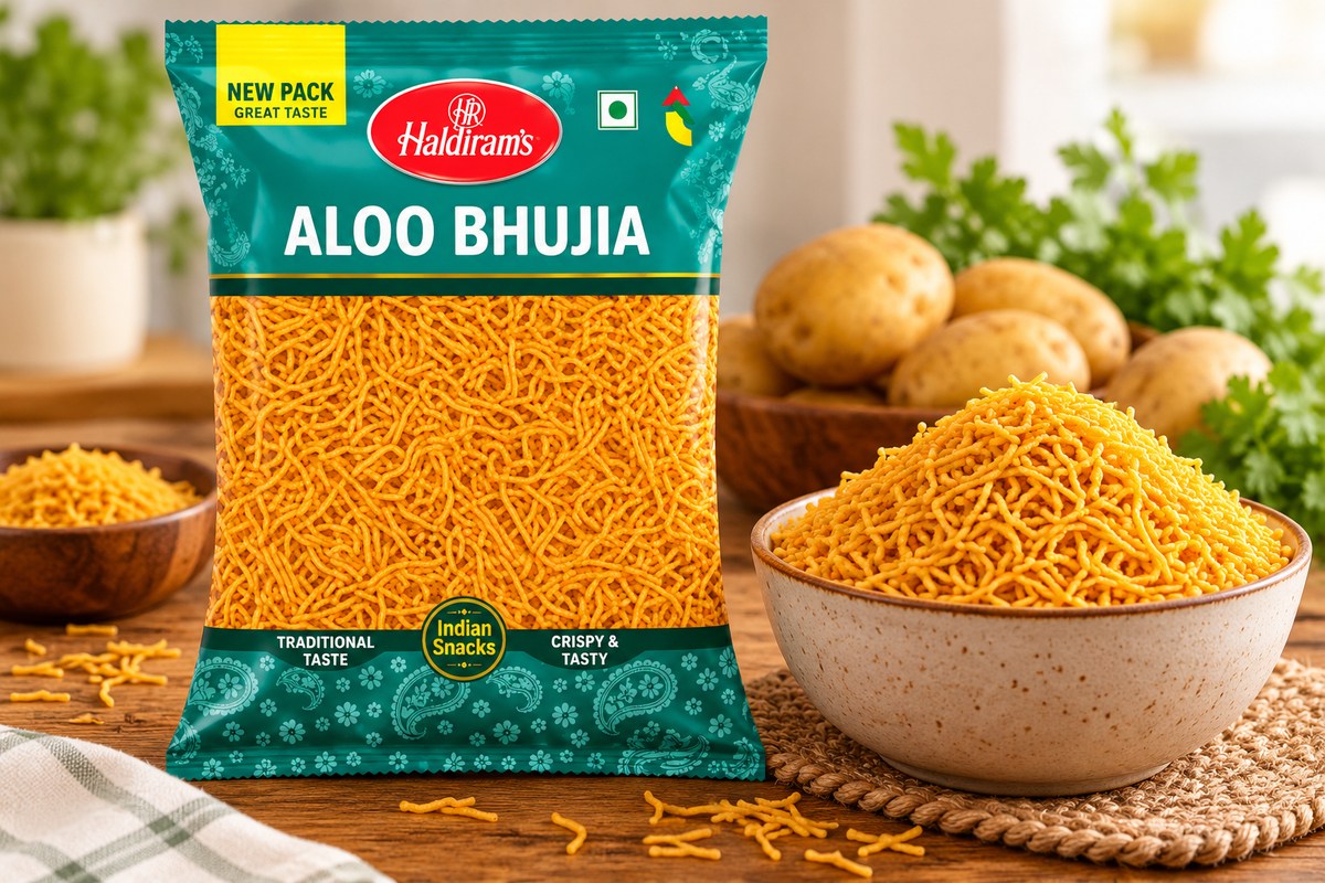 Haldiram’s Aloo Bhujia packet displayed beside a bowl of golden crispy bhujia sev, with potatoes and greenery in the background on a wooden table.