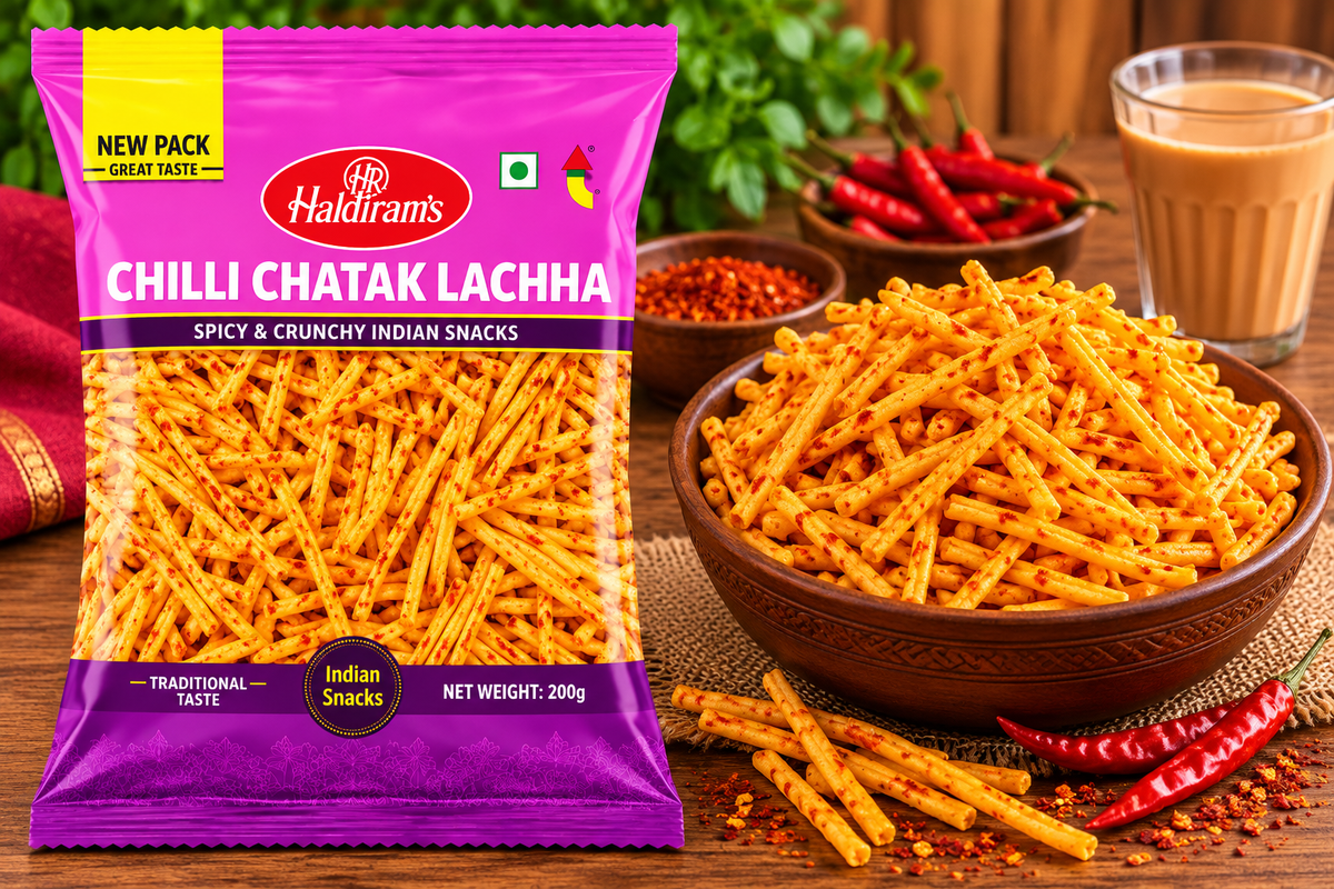 Haldiram’s Chilli Chatak Lachha snack packet displayed beside a bowl of spicy, crispy lachha sticks, with red chillies, chilli flakes and a cup of tea on a wooden table.