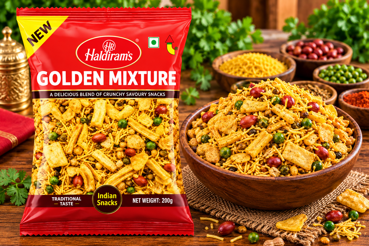 Haldiram’s Golden Mixture snack packet displayed beside a wooden bowl filled with crunchy savoury mixture, peanuts and green peas on a rustic wooden table with spices and herbs.