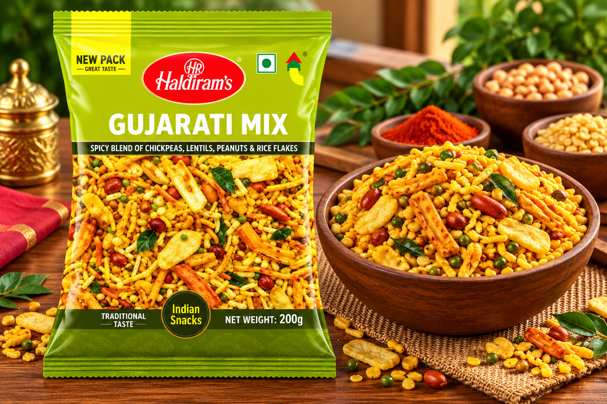 Haldiram’s Gujarati Mix snack packet displayed beside a wooden bowl of crunchy savoury mix on a rustic table with spices, peanuts and green leaves.