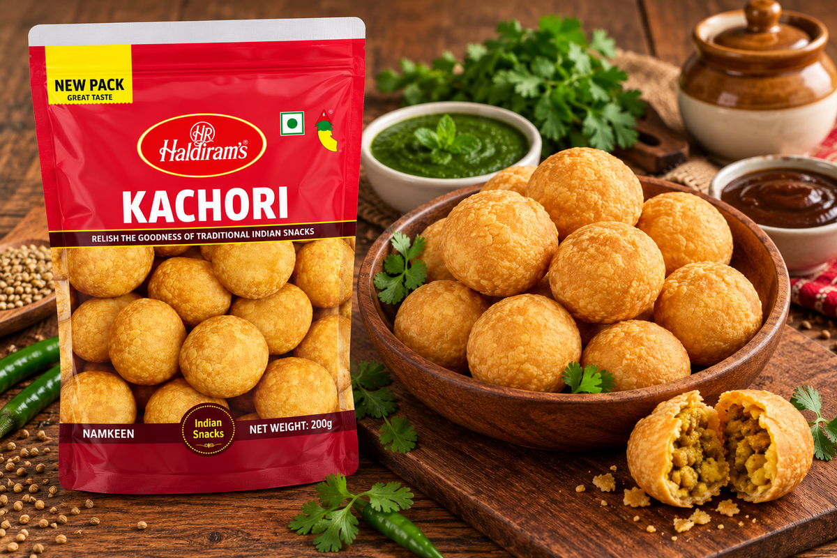Haldiram’s Kachori snack packet displayed beside a wooden bowl of golden kachoris, served with green chutney and tamarind sauce on a rustic wooden table.