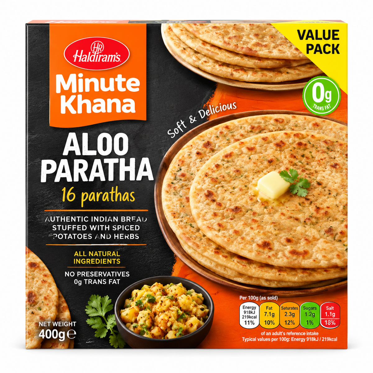 Haldiram’s Minute Khana Aloo Paratha 400g Value Pack featuring 16 soft and delicious Indian potato-stuffed parathas with spices and herbs.