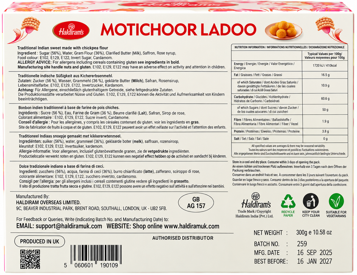 Haldiram’s Motichoor Ladoo 300g back packaging showing ingredients, allergen information, nutrition facts, storage instructions, manufacturer details, barcode, vegetarian symbol, net weight, manufacturing date and best-before date.