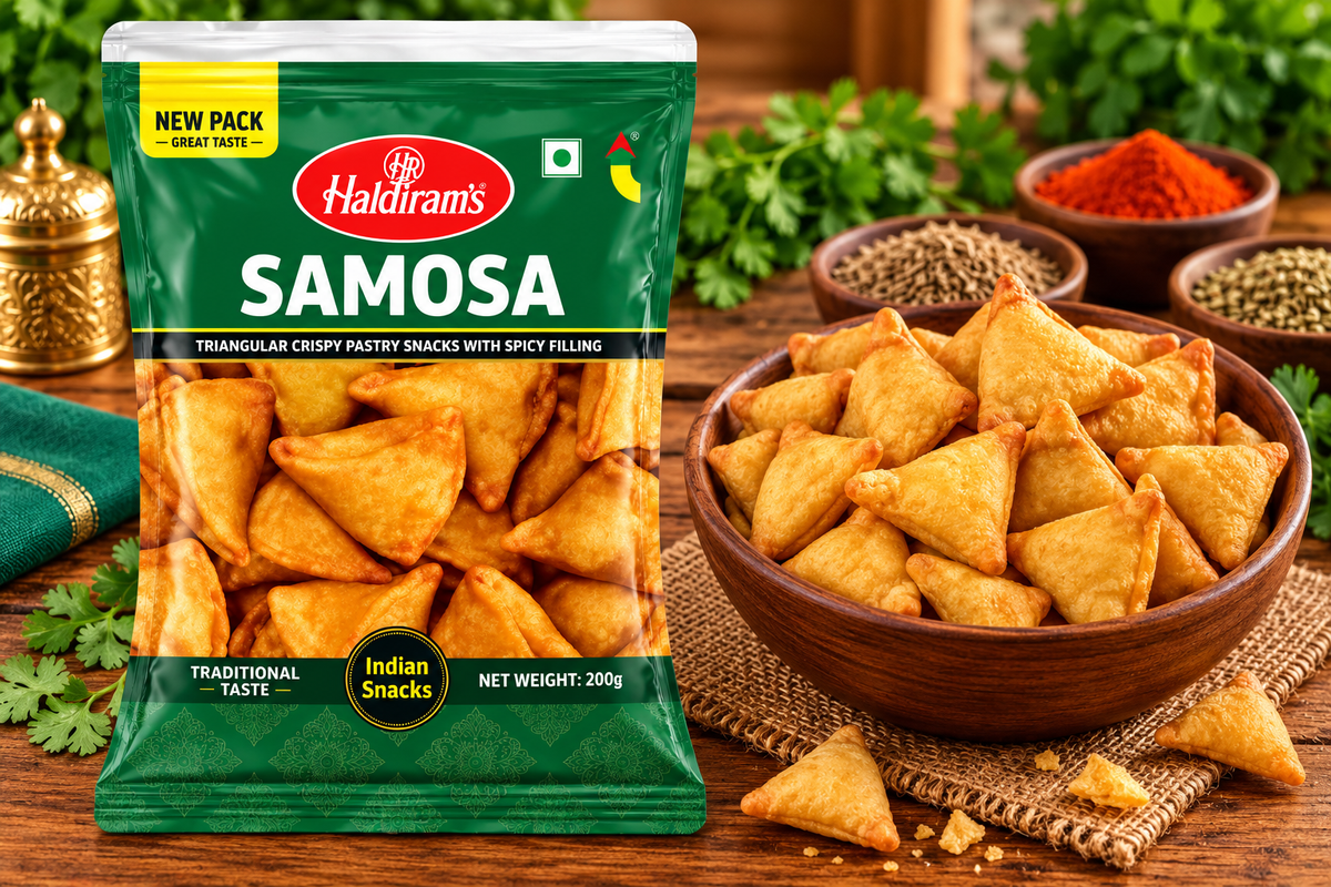 Haldiram’s Samosa snack packet displayed beside a wooden bowl of golden triangular samosa snacks on a rustic wooden table with spices and herbs.