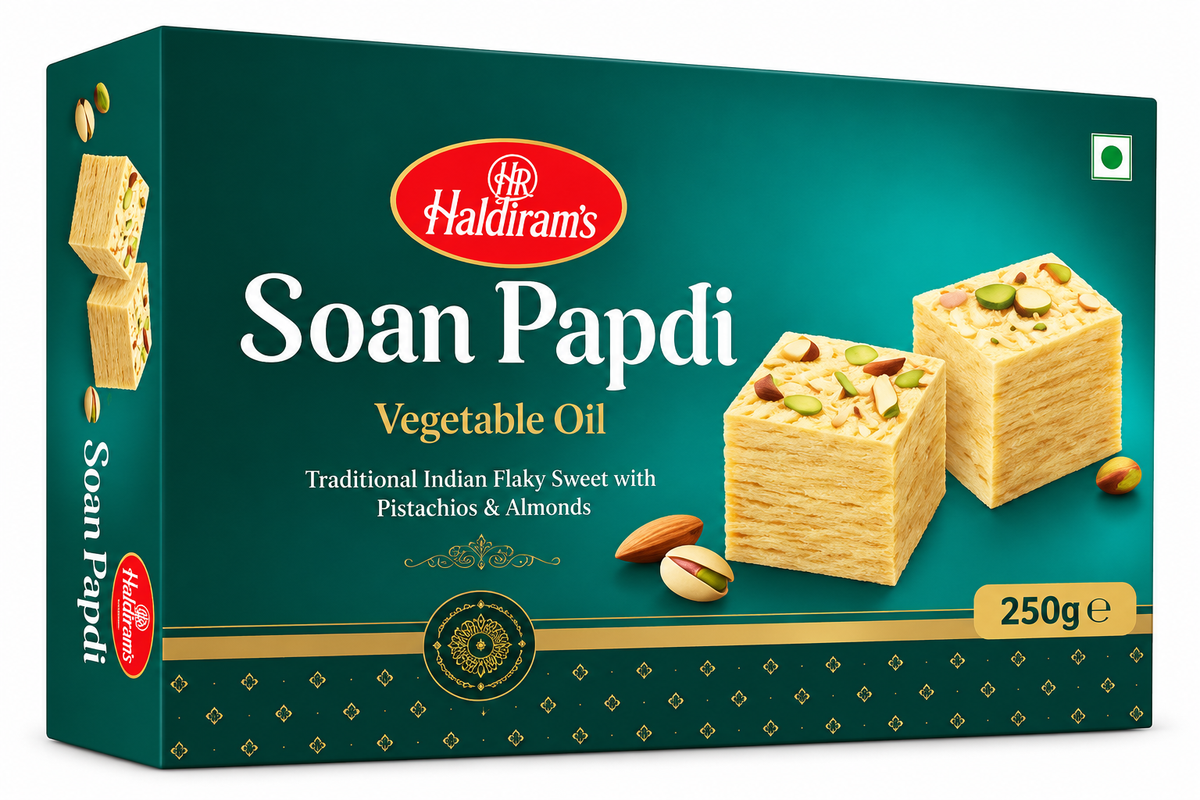 Haldiram's Soan Papdi traditional Indian sweet in a green gift box