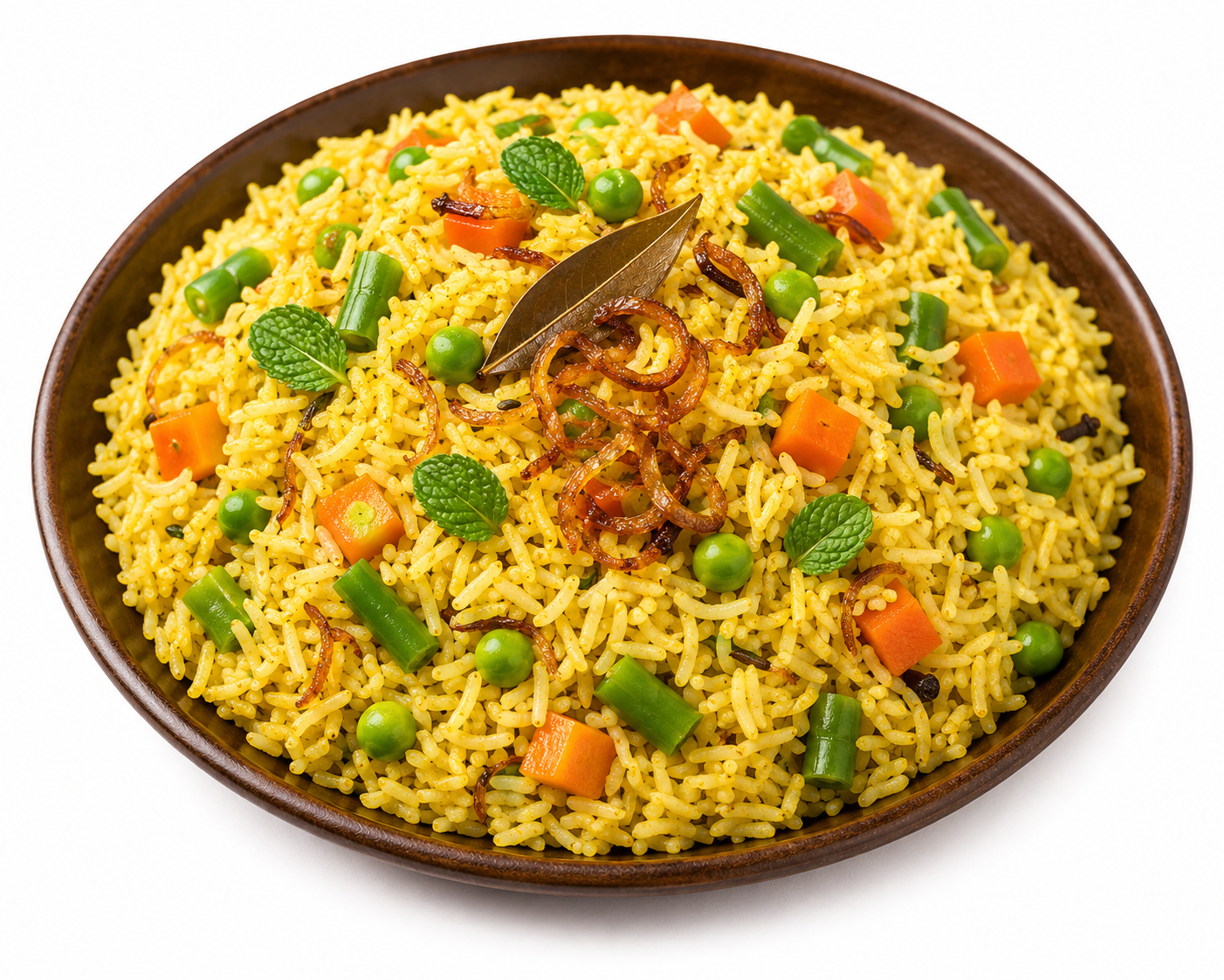 Haldiram's Vegetable Pulao served in a bowl with basmati rice, mixed vegetables, fried onions, and whole spices on a white background.