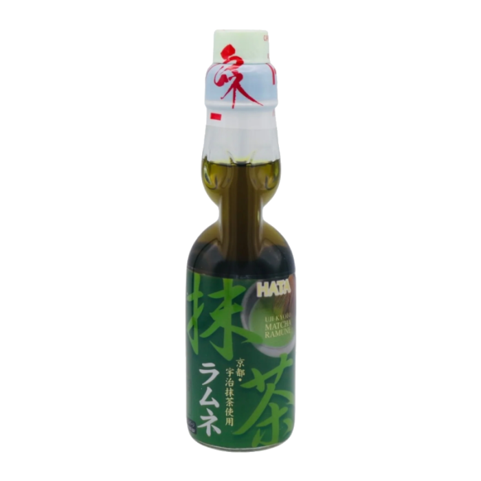 "Hata Ramune Matcha in a 200ml glass bottle, offering the rich flavor of matcha green tea with light carbonation and the signature fun marble in the bottle neck."