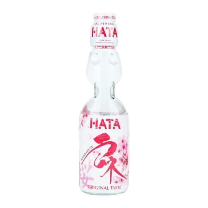 Hata Ramune Original Sakura Edition in a 200ml glass bottle, offering a sweet and floral sakura flavor with light carbonation and the signature marble in the bottle neck.
