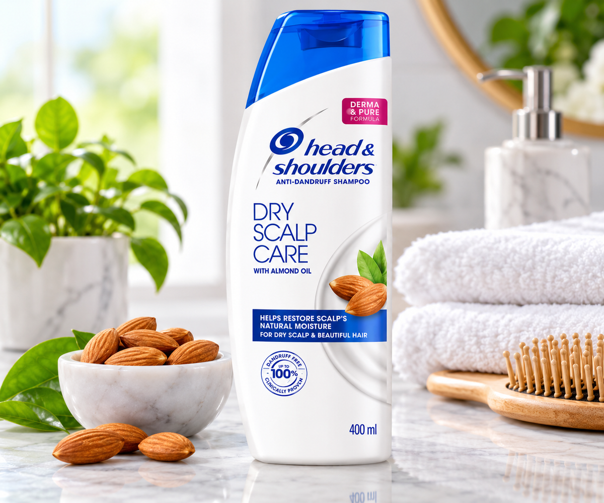 Head & Shoulders Dry Scalp Care Shampoo 400ml white bottle with a blue cap and almond oil design, displayed on a bright marble bathroom countertop beside almonds, green leaves, folded white towels, and a wooden hairbrush.