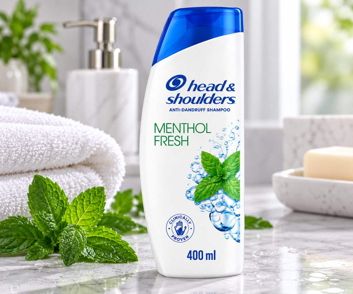 Head & Shoulders Menthol Fresh Shampoo 400ml bottle displayed on a marble bathroom counter with fresh mint leaves, water droplets and a soft white towel.