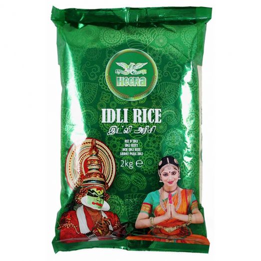 Heera Idli Rice 2kg pack – green bag labeled “Idli Rice” with Heera logo, traditional Indian artwork and 2kg weight marking on the front.