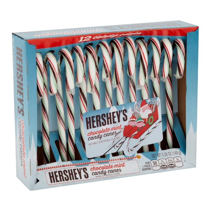 Hershey’s Chocolate Mint Candy Canes featuring peppermint and chocolate mint flavors, perfect for holiday snacking, gifting, or decorating (5.28oz / 149g).