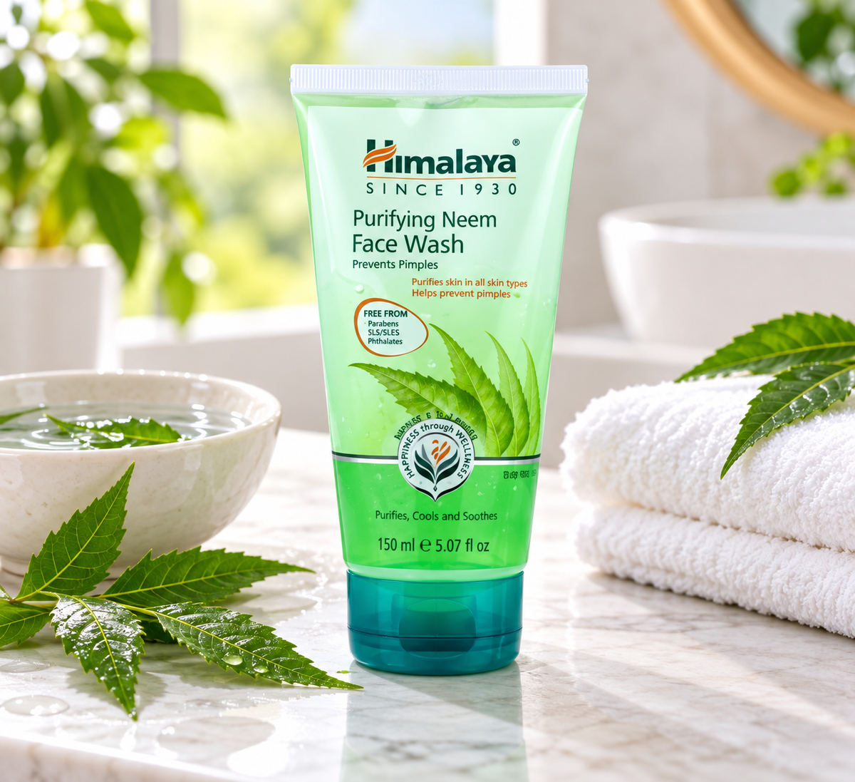 Himalaya Purifying Neem Face Wash Gel 150ml green tube displayed on a marble bathroom countertop beside fresh neem leaves, a ceramic bowl of water, and a folded white towel in a bright, natural skincare setting.Himalaya Purifying Neem Face Wash Gel 150ml green tube displayed on a marble bathroom countertop beside fresh neem leaves, a ceramic bowl of water, and a folded white towel in a bright, natural skincare setting.