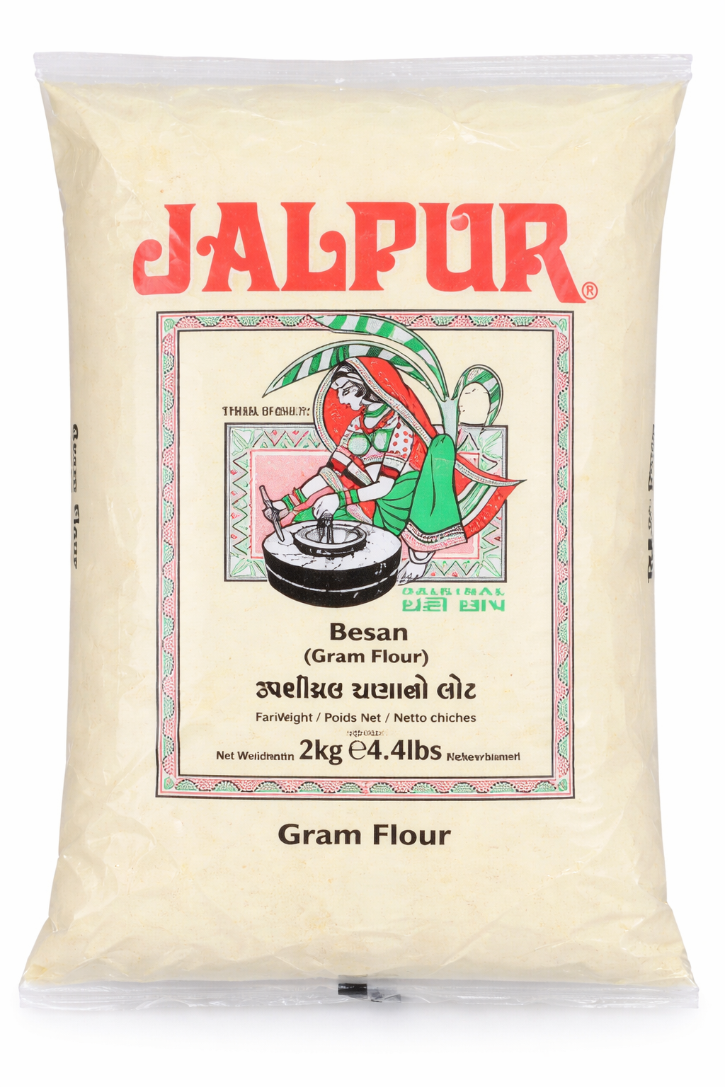 Jalpur Besan Gram Flour 2kg pack – cream coloured bag with red “Jalpur” logo and traditional illustration on the front, labeled “Besan (Gram Flour)” 2kg.