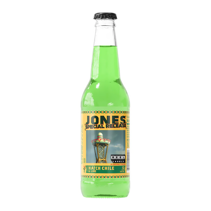 Jones Soda Special Release Hatch Chile Lime Soda bottle, featuring a bold design with Hatch chile and lime imagery on the label.