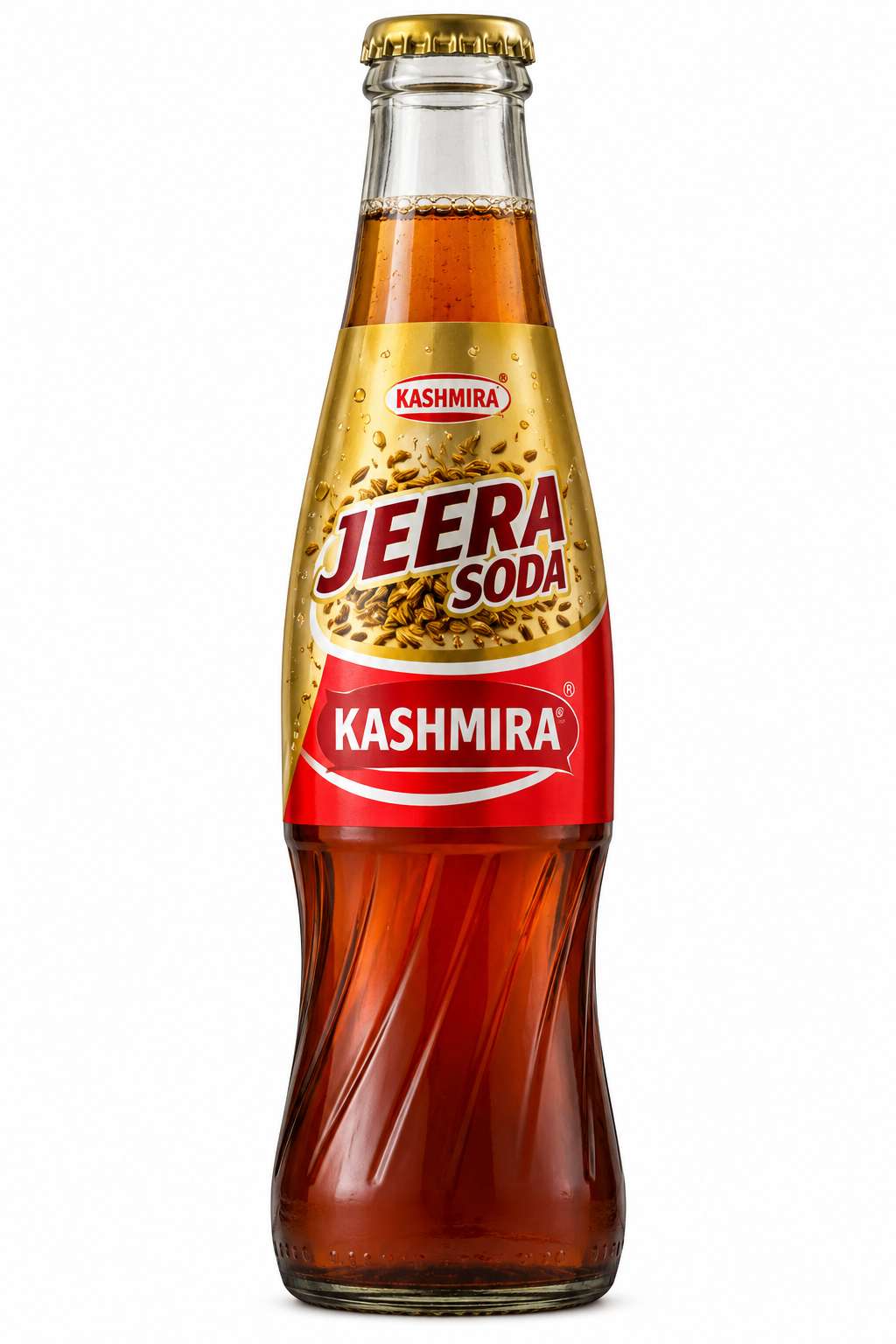 Kashmira Jeera Soda 200ml glass bottle featuring amber glass, a gold crown cap, gold and red packaging, cumin seed graphics, and bold Jeera Soda branding.