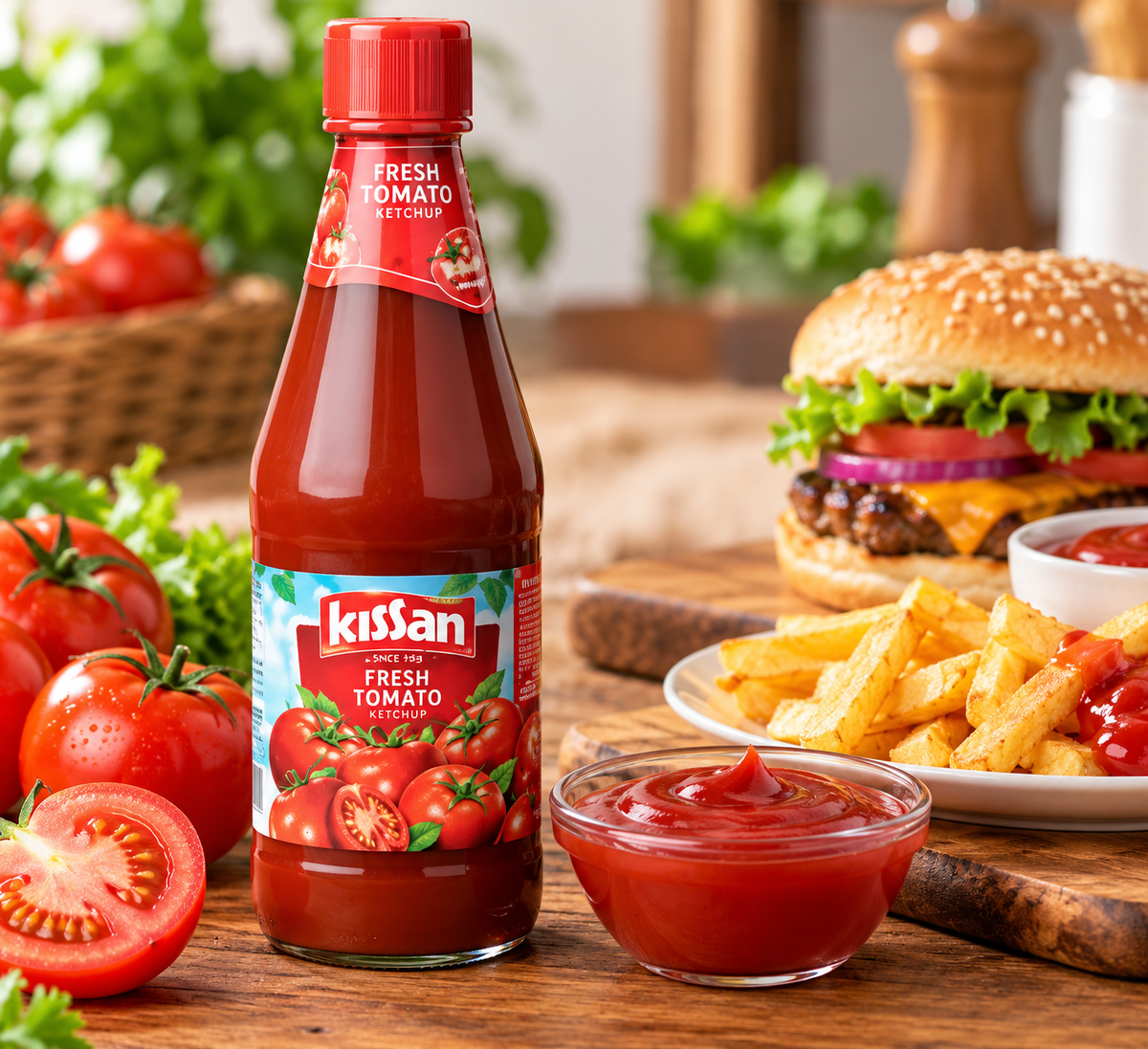 Kissan Fresh Tomato Ketchup 500g bottle displayed beside a bowl of tomato ketchup, golden French fries, a burger and fresh whole and sliced tomatoes on a rustic wooden table.