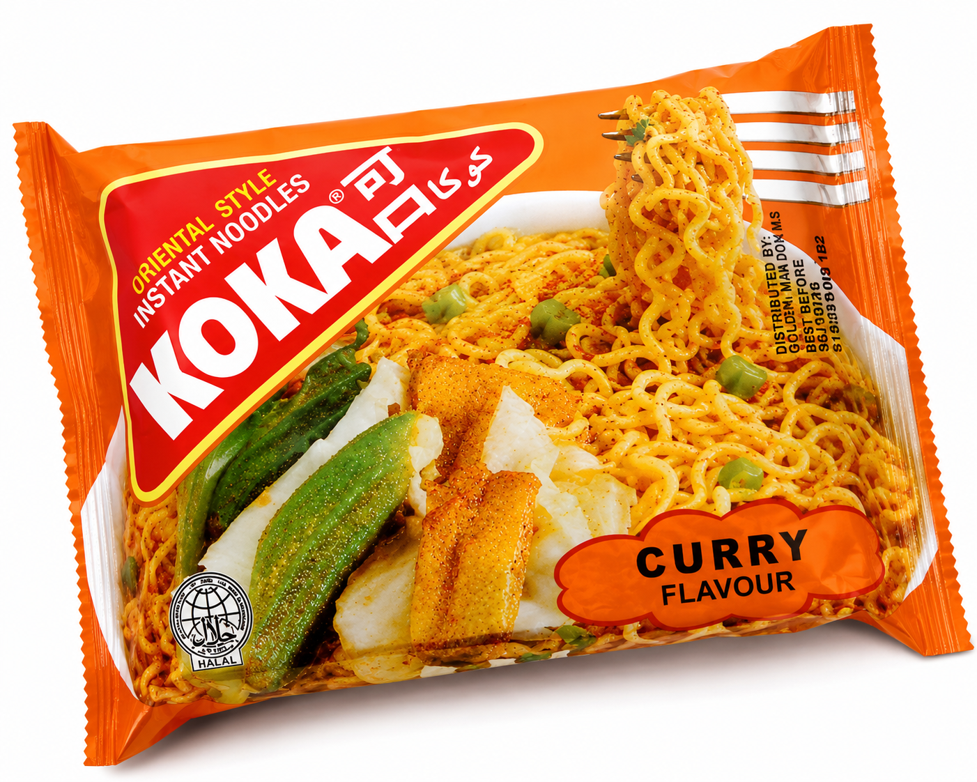 Angled view of Koka Curry Flavour Oriental Style Instant Noodles 85g showing premium instant noodle packaging.