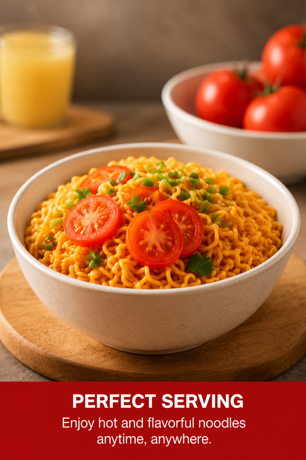 Bowl of KOKA Tomato Flavour Instant Noodles garnished with fresh tomato slices and herbs, hot and ready to serve as a quick and delicious meal.