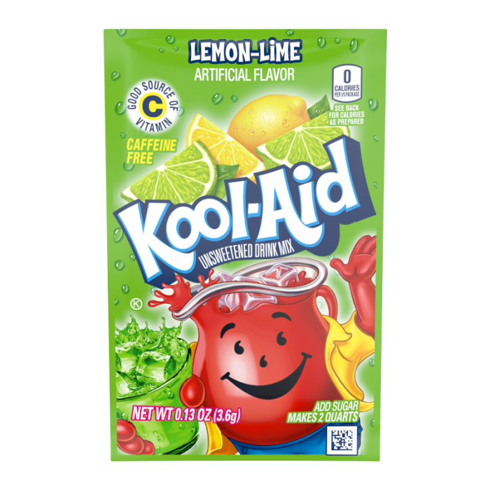 Kool-Aid Lemon Lime Drink Mix (0.13oz) – Convenient single-serve packet for refreshing lemon-lime flavor.