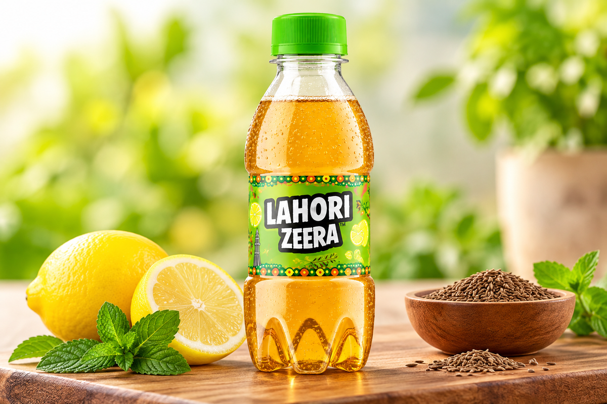 Lahori Zeera Cumin Flavoured Carbonated Soft Drink 160ml with Lemon Slices, Fresh Mint Leaves, Cumin Seeds and a Glass of Chilled Drink